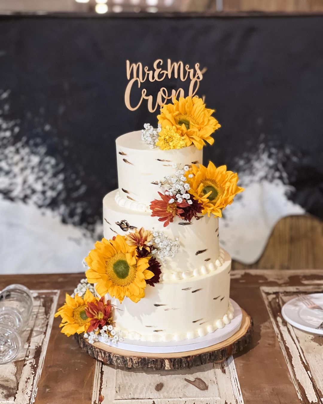 country sunflower birch 4 tier wedding cake with laser cut cake topper cakesbyadrienne