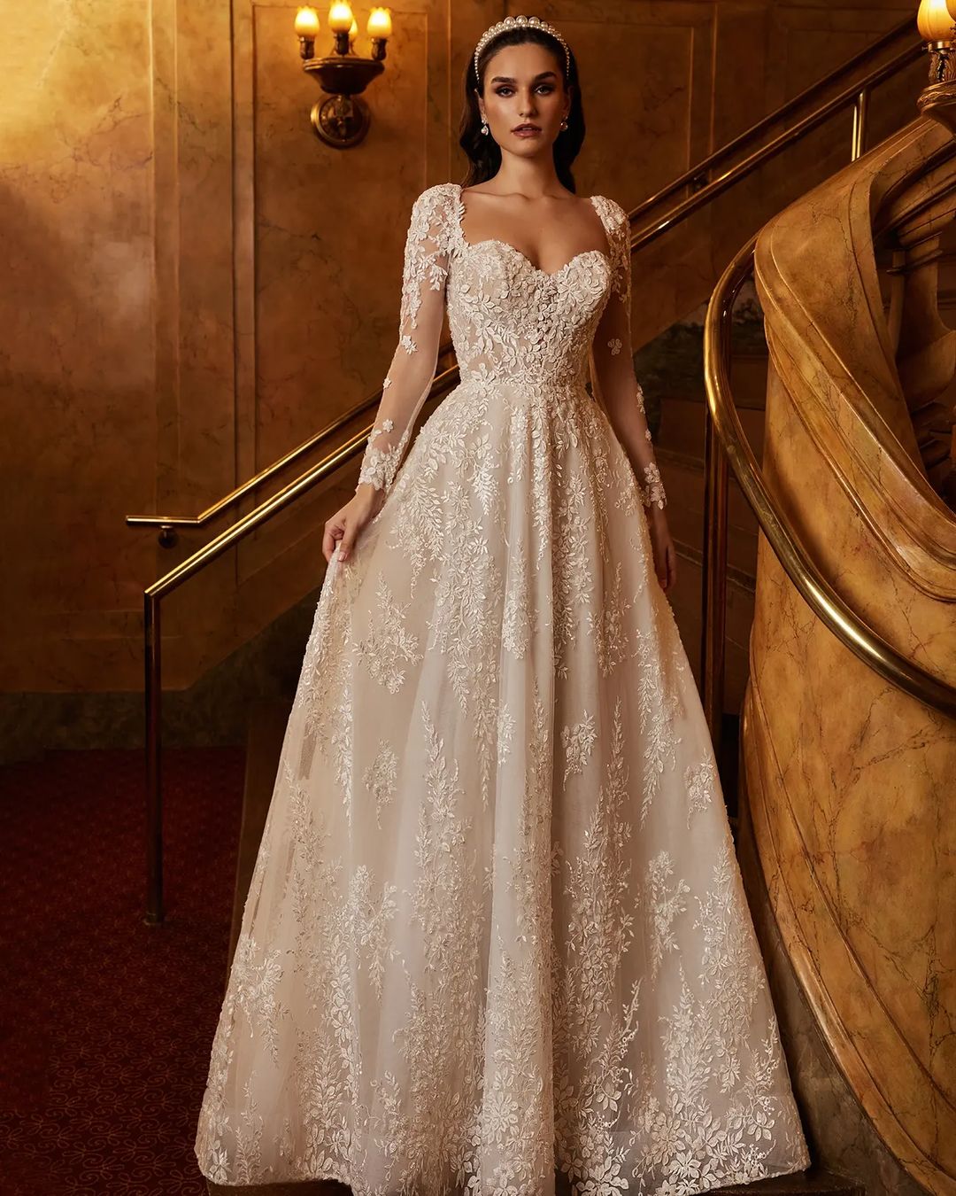 country sweetheart aline wedding dress with long sleeves