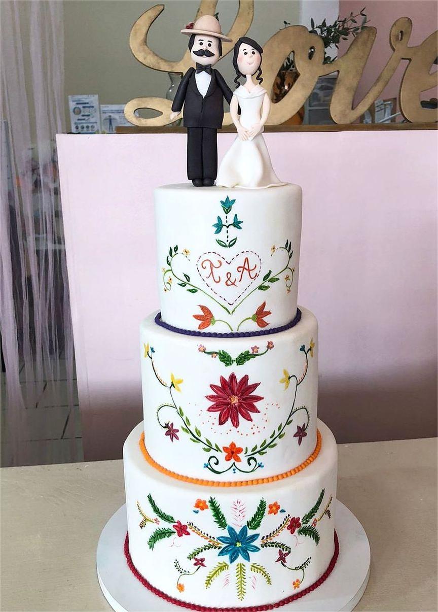 cute mexican embroidery wedding cake with couple topper via pastelerialamigaja