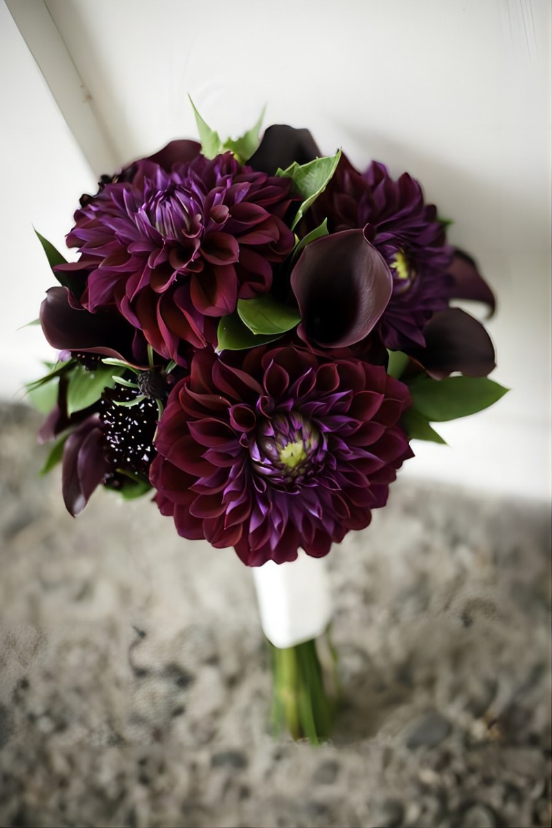 deep purple dahlia and calla lily wedding bouquet