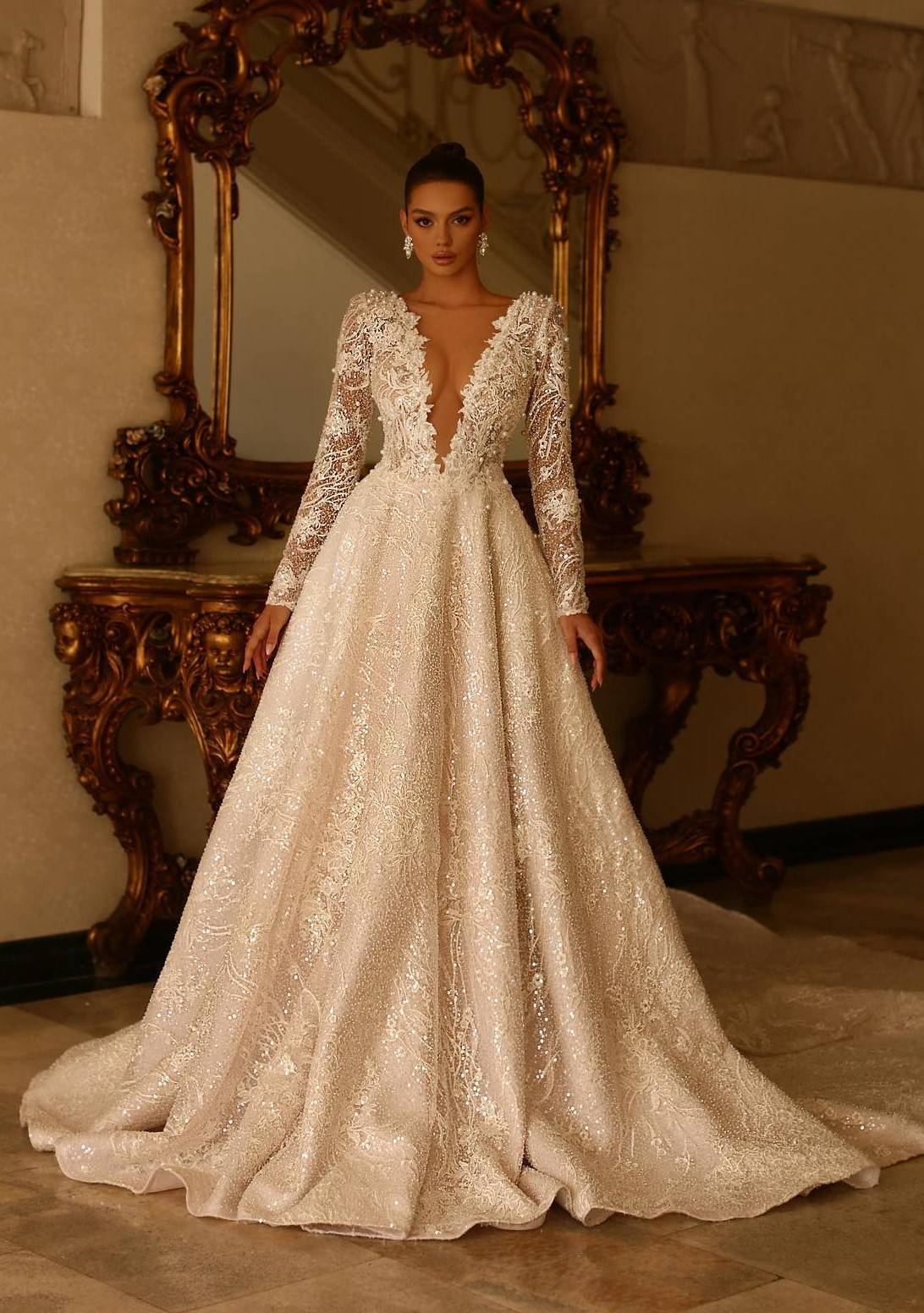 deep v neck ball gown lace wedding dress with long sleeves