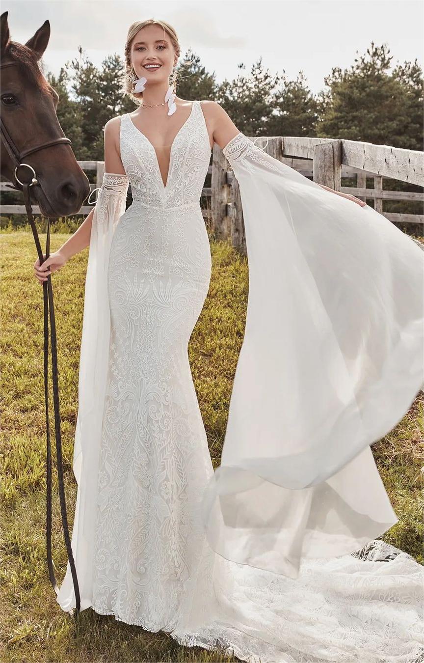 deep v neck mermaid wedding dress with long chiffon belle sleeves