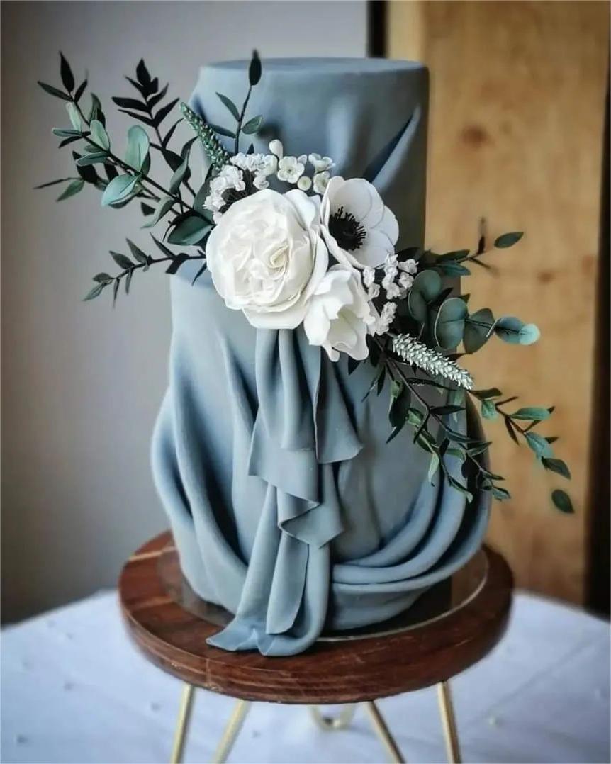 dusty blue elegant wedding cake with white flowers via perfectcakesco