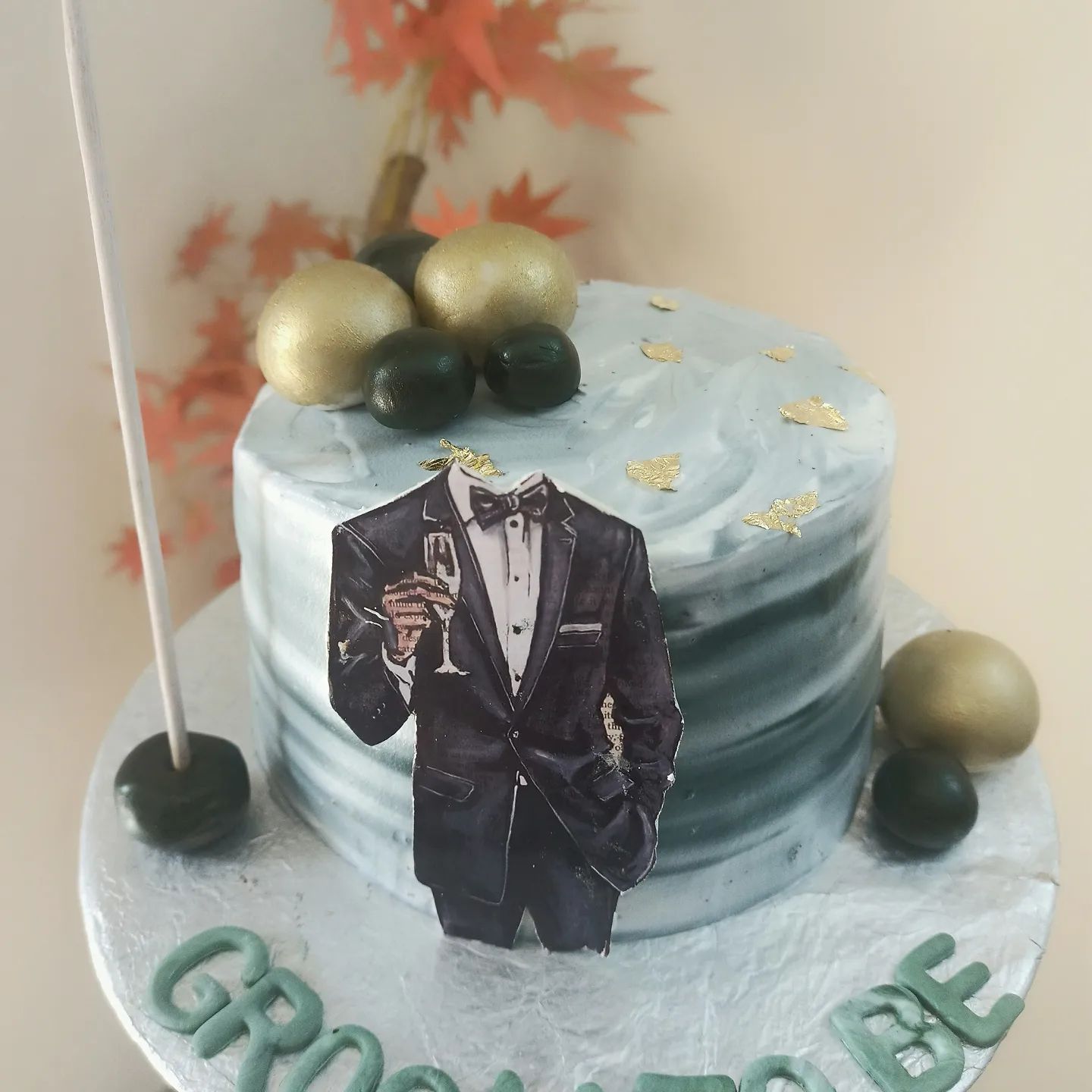 dusty mist groom cake with black suit cake decorating via cakebae4