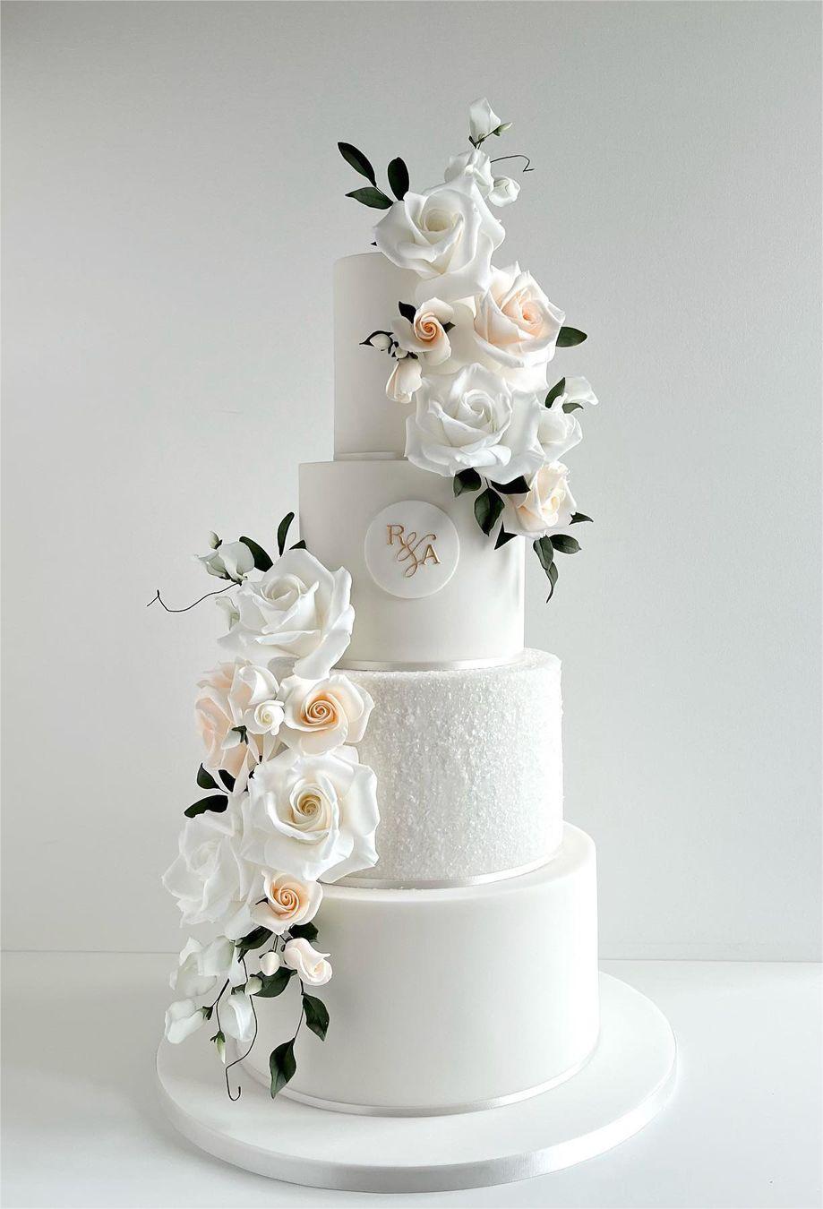 elegant 4 tier white wedding cake with sugar flowerrs via theprettysugarcakecompany