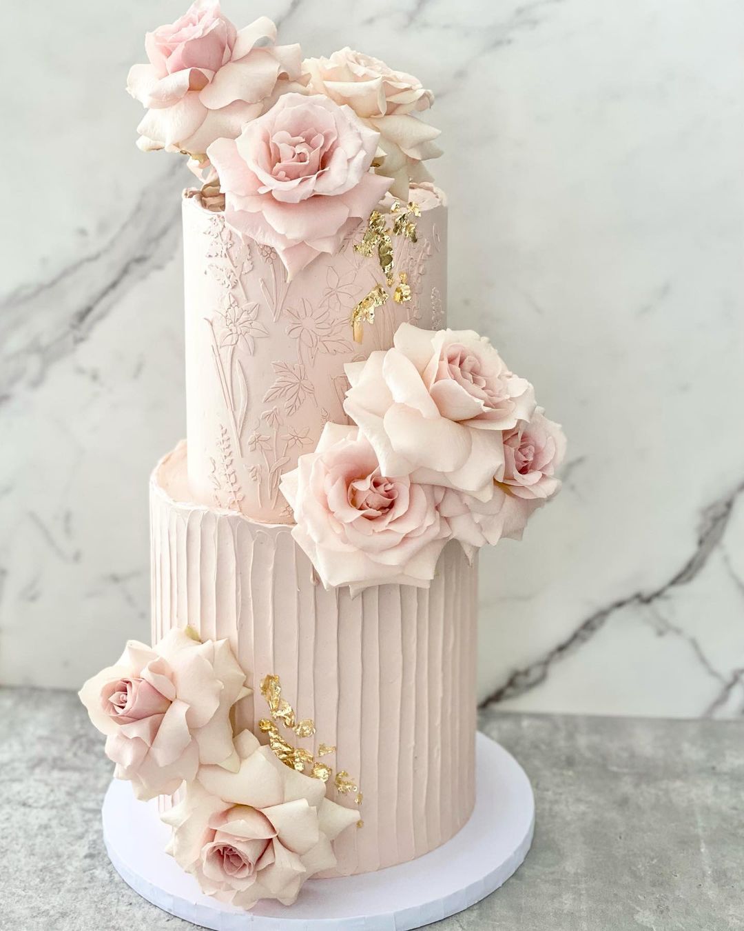 elegant blush pink 2 tier wedding cake with blush roses via junecakesanddesserts