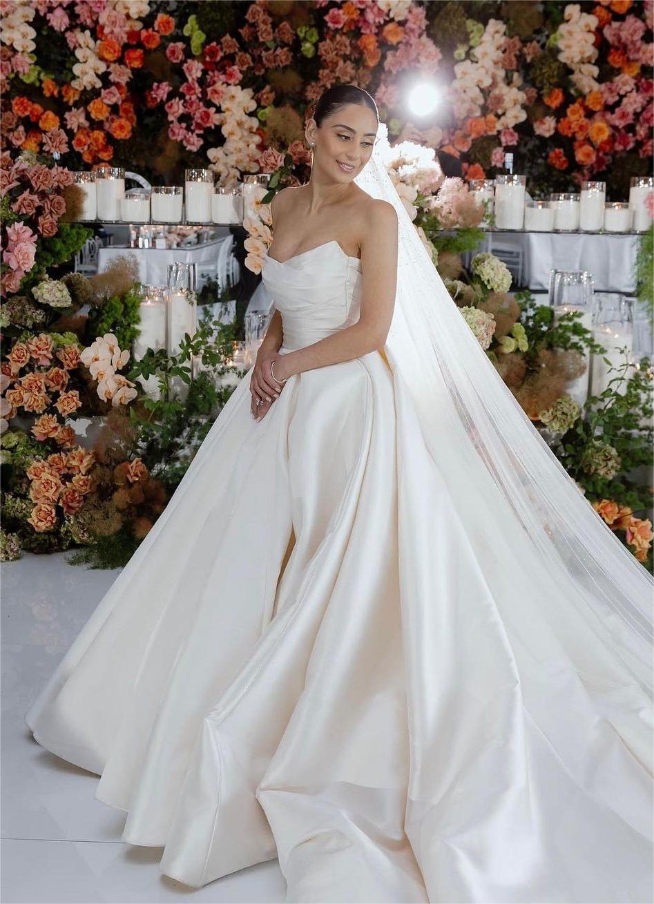 elegant strapless satin wedding dress with detachable skirt leahdagloria