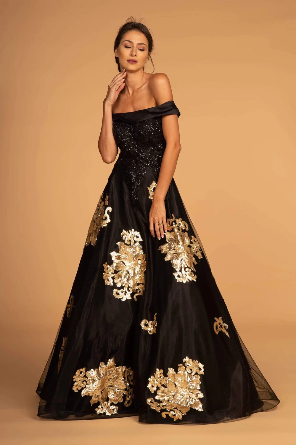 gold and black sequin off-shoulder wedding dress