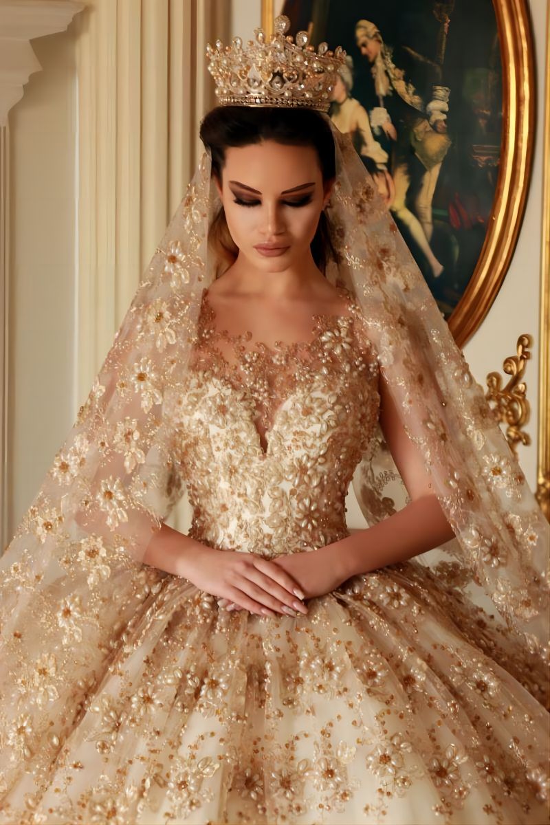 Country Style Gold Sequins Top Short Wedding Dress with 1/2 Sleeves