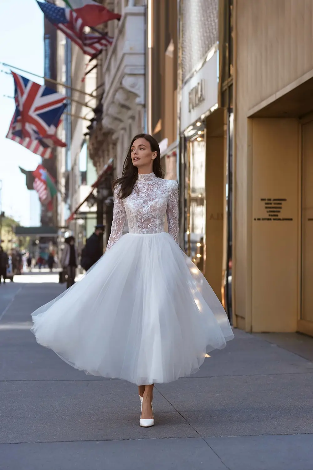 lace and tulle midi-length wedding gown