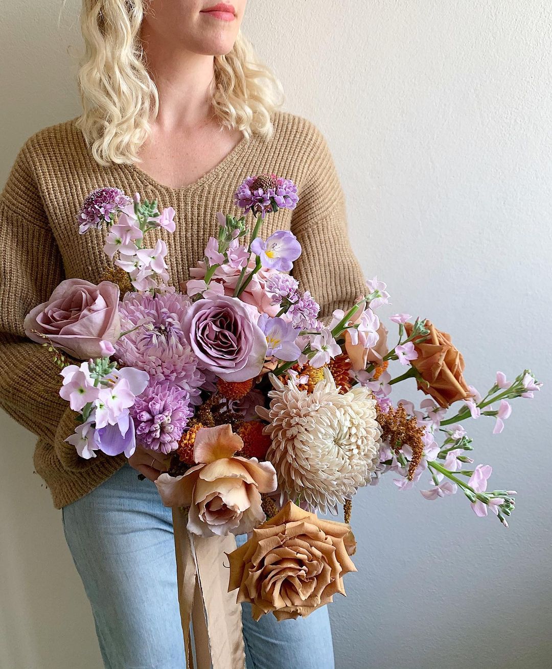 lavender and terracotta roses wedding boquuet via trillefloral