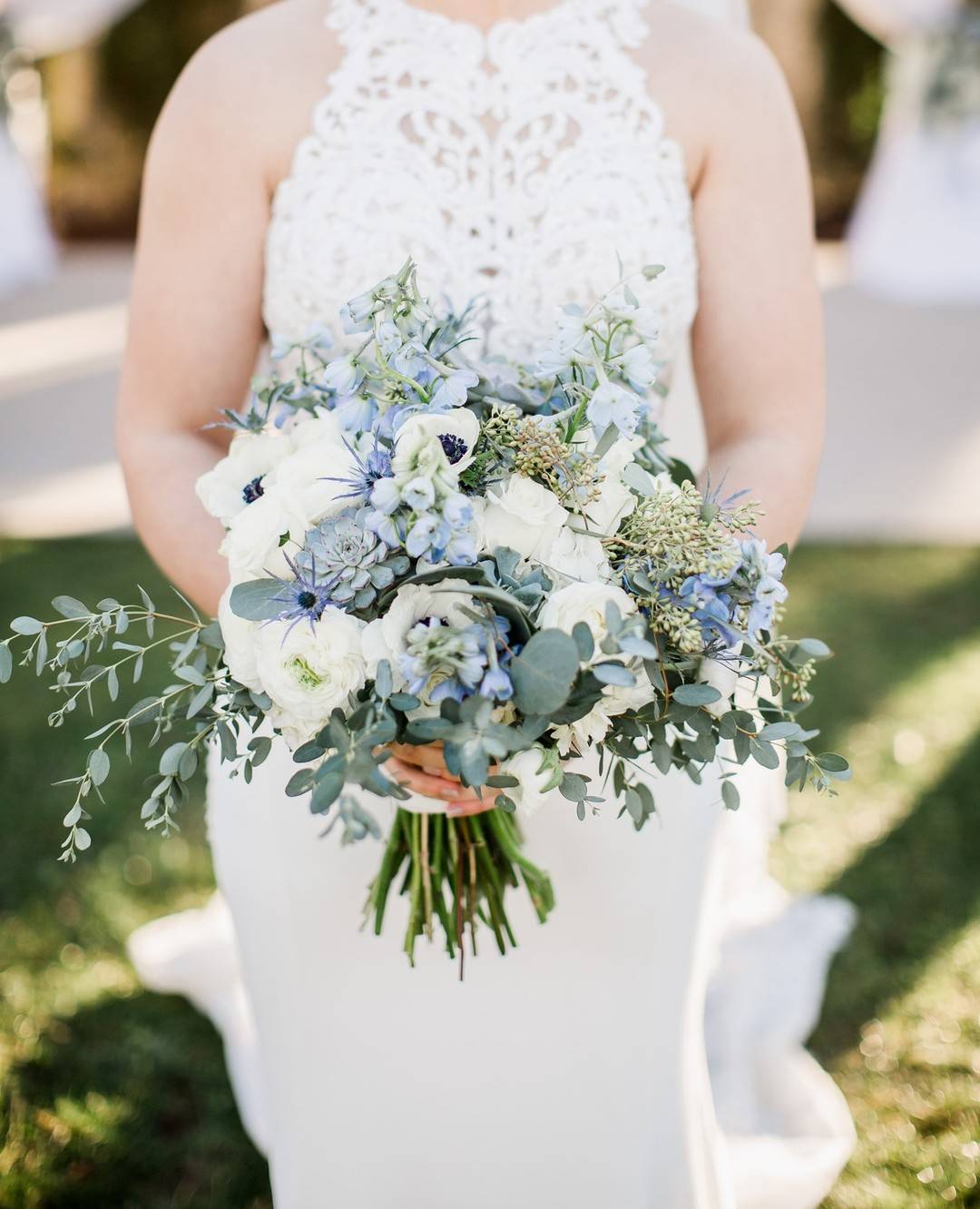 light blue and greenery wedding bouquet via castletonfarms