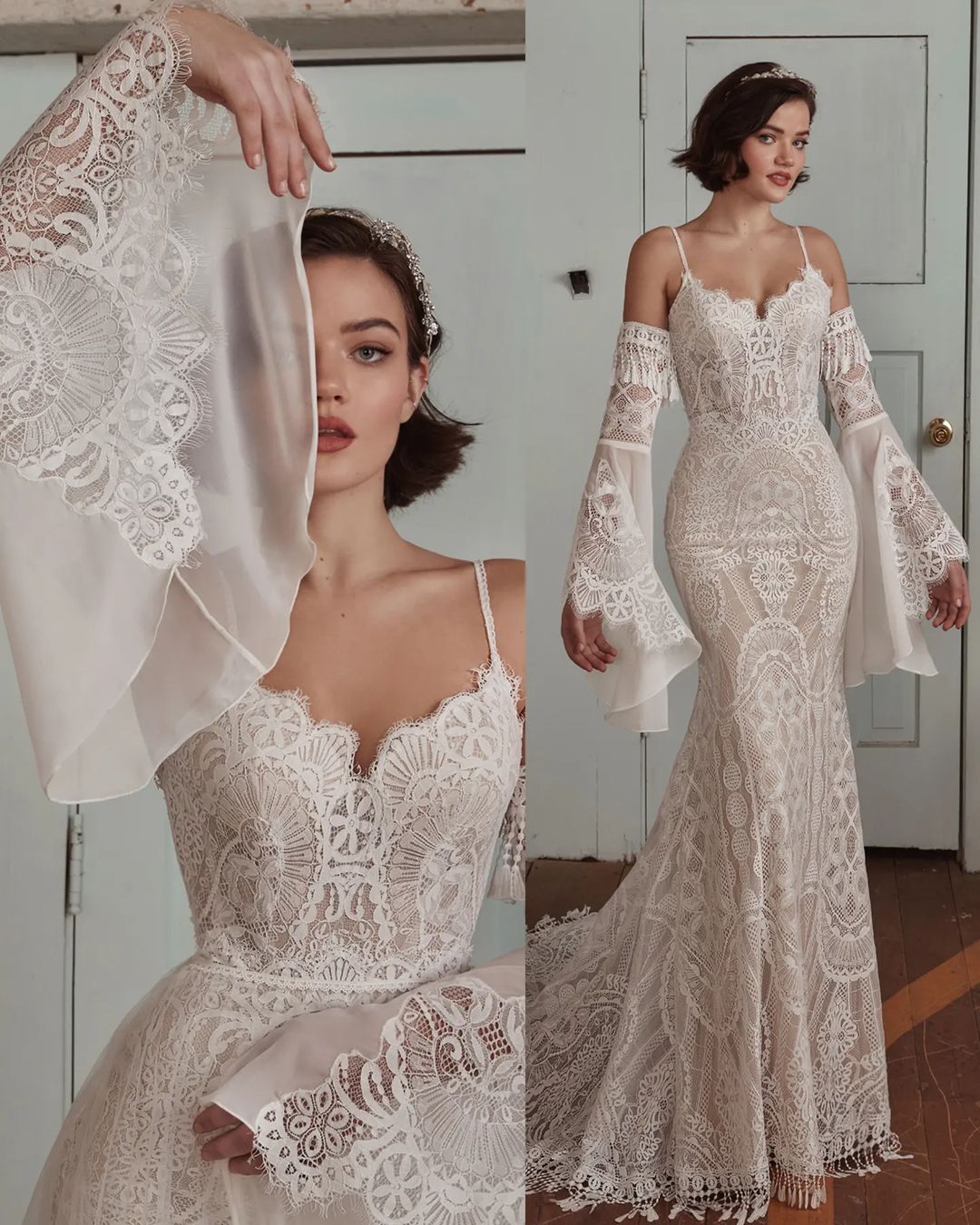 mermaid lace boho wedding dress with bell sleeves