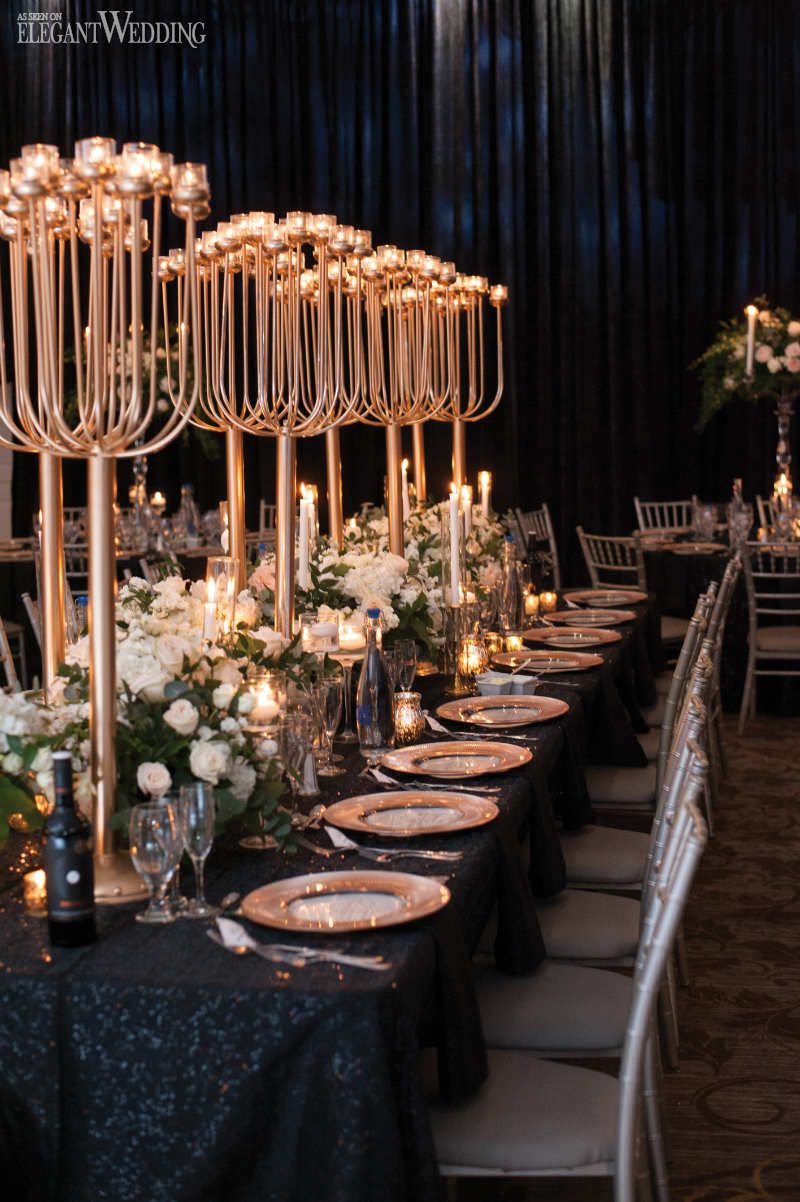 modern black and tall rose gold wedding centerpiece