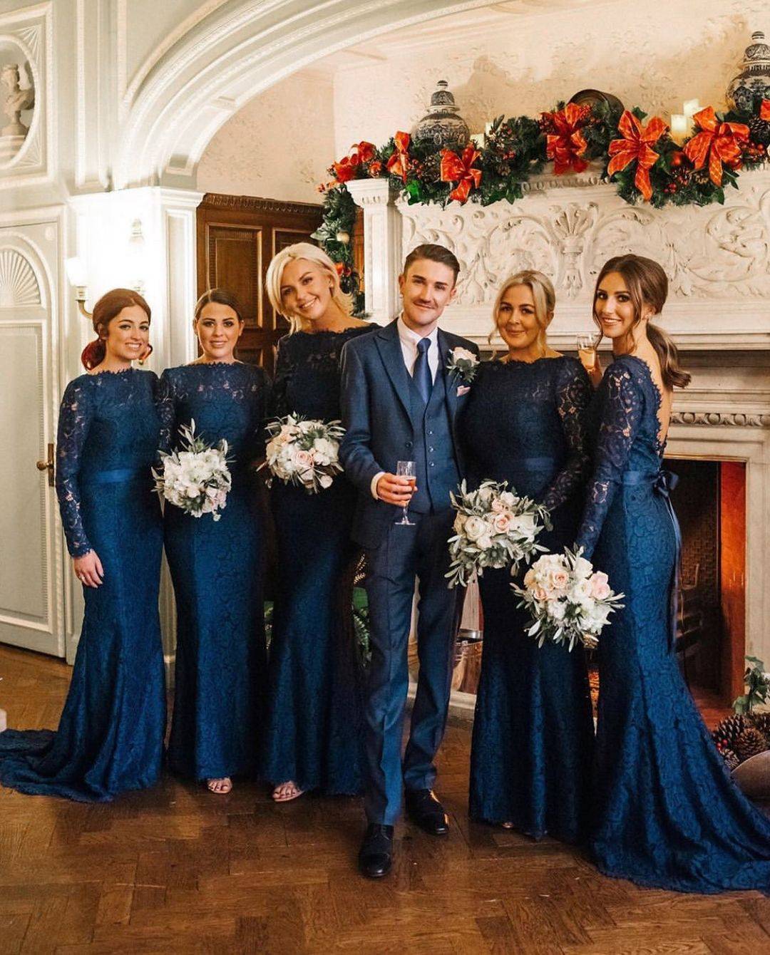 navy blue bridesmaid dresses and navy blue groomsmen suit