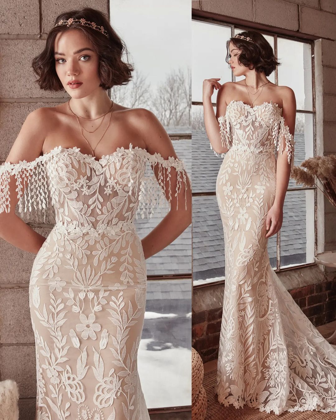 off the shoulder sheath silhouette lace wedding dress