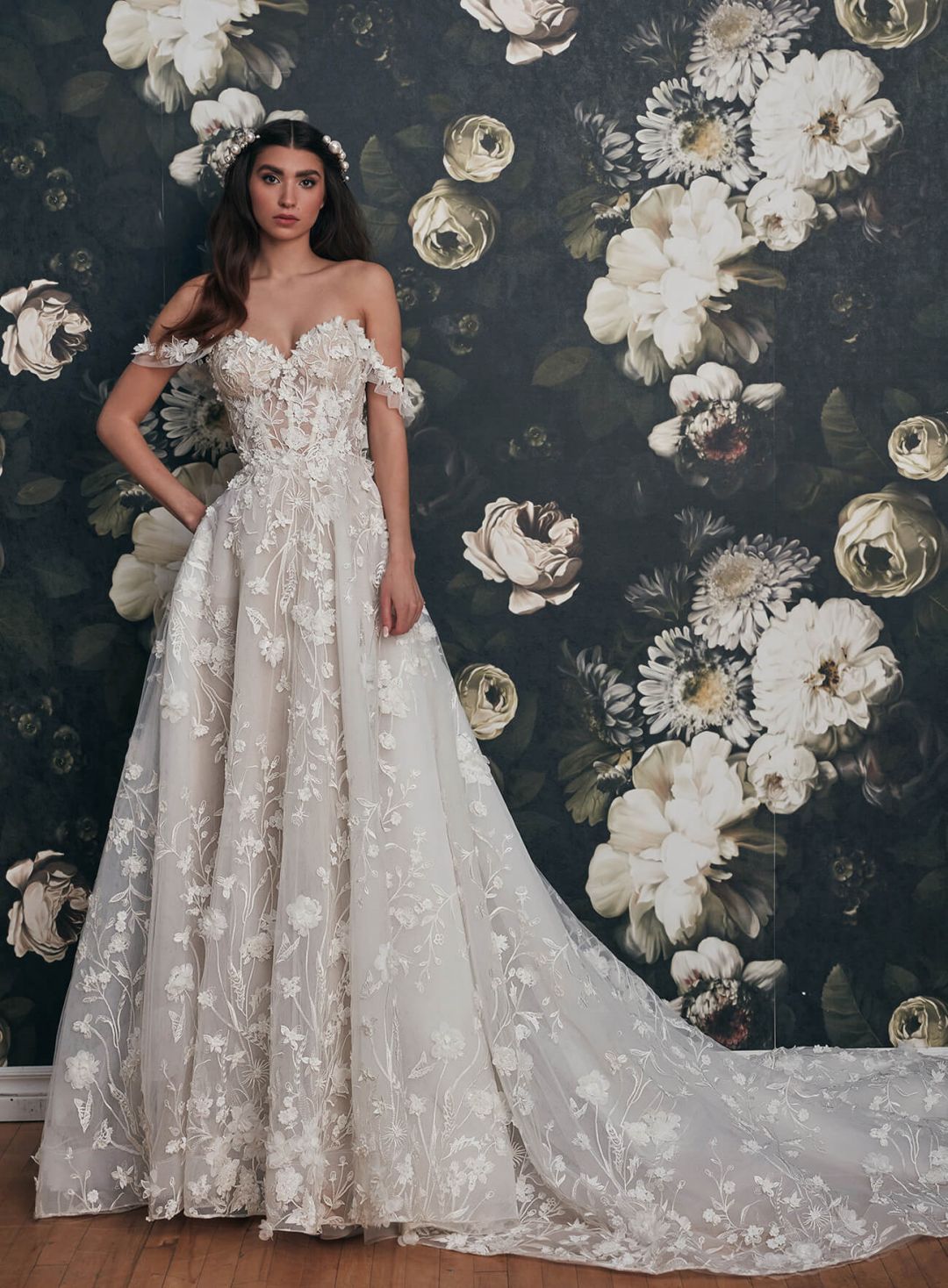 off the shoulder a-line lace bridal gown callablanche