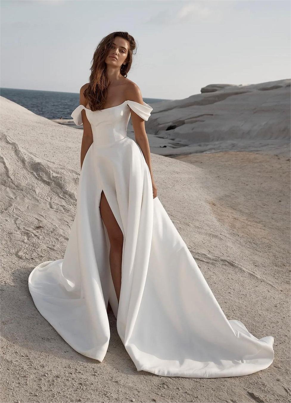 off the shoulder aline satin bridal dress with high slit spherebridalgallery