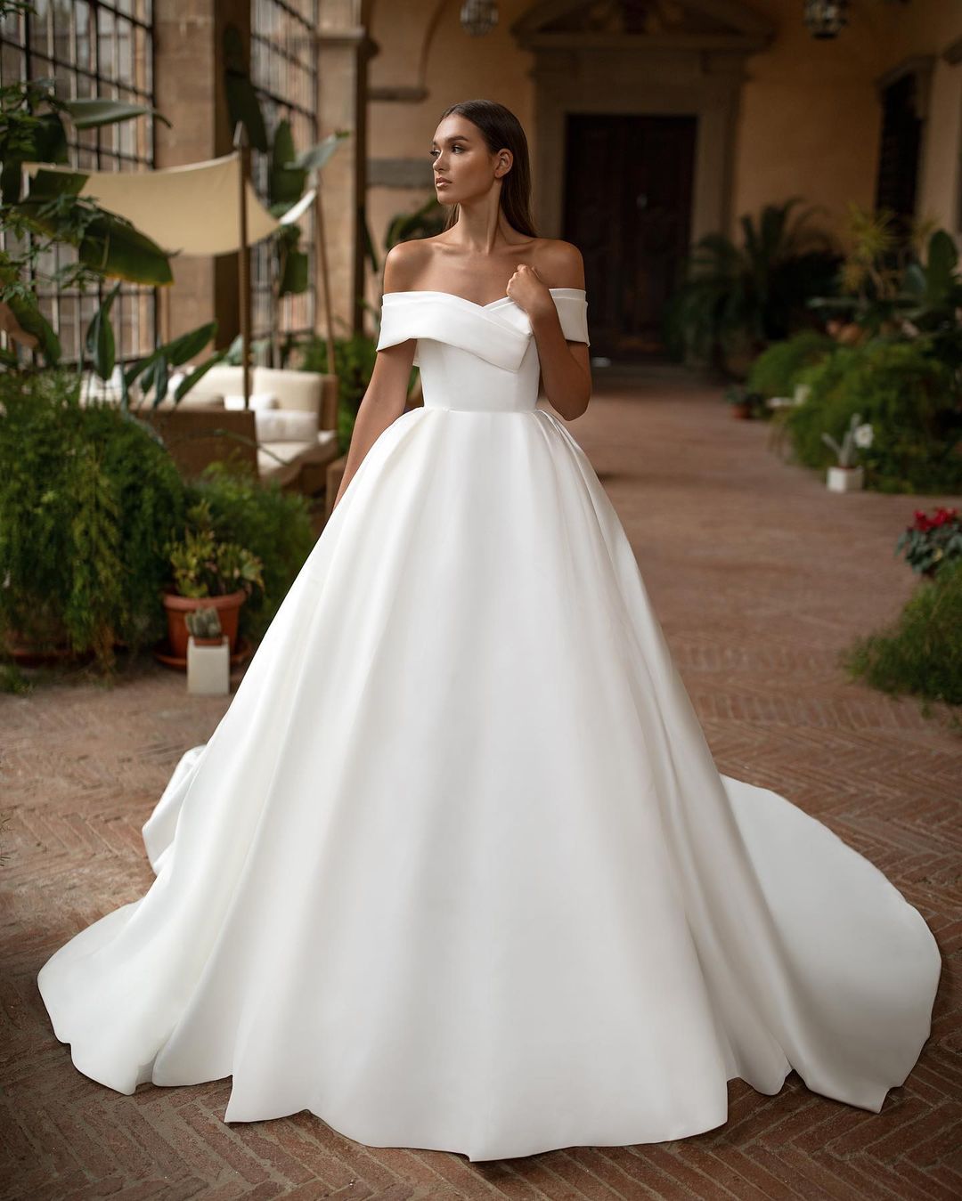 off the shoulder ball gown satin wedding dress millanova