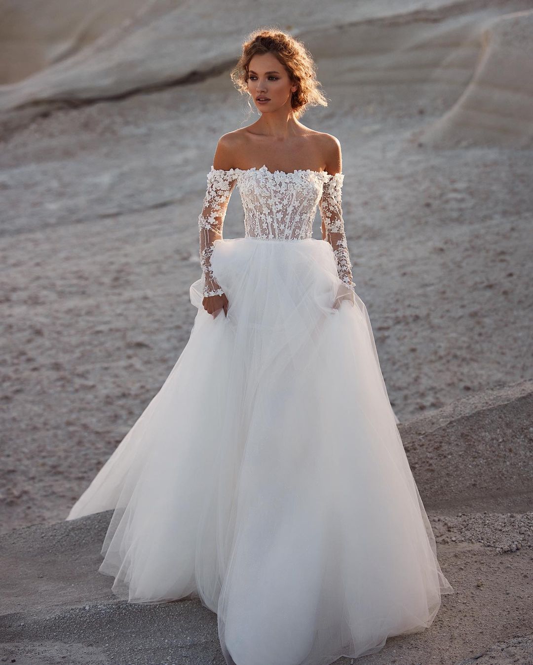 off the shoulder lace and tulle country wedding dress millanova