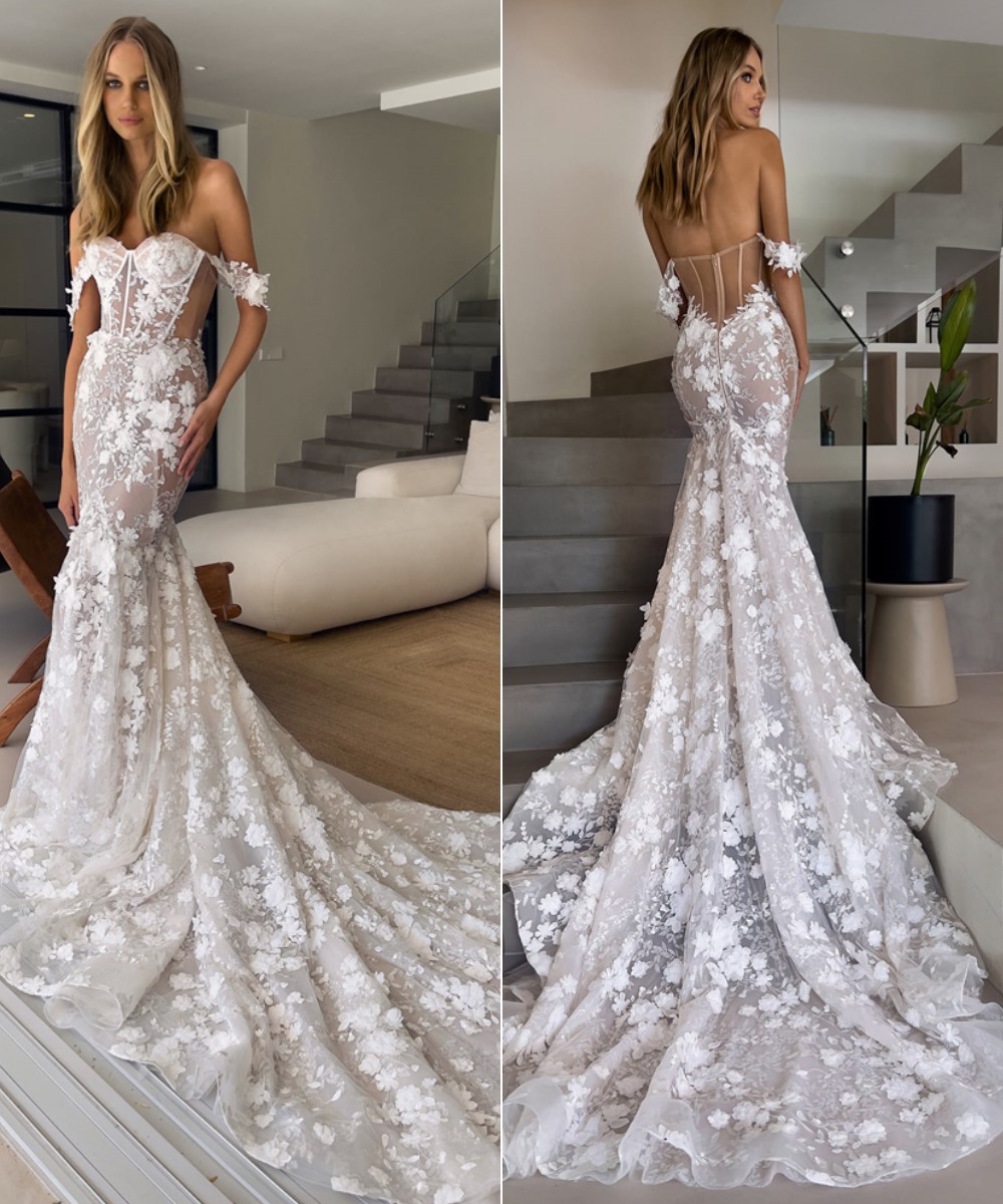 off the shoulder lace corset mermaid bridal dress