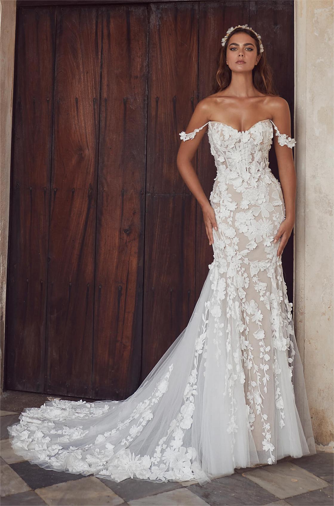 off the shoulder mermaid bridal dress with 3d flowers callablanche
