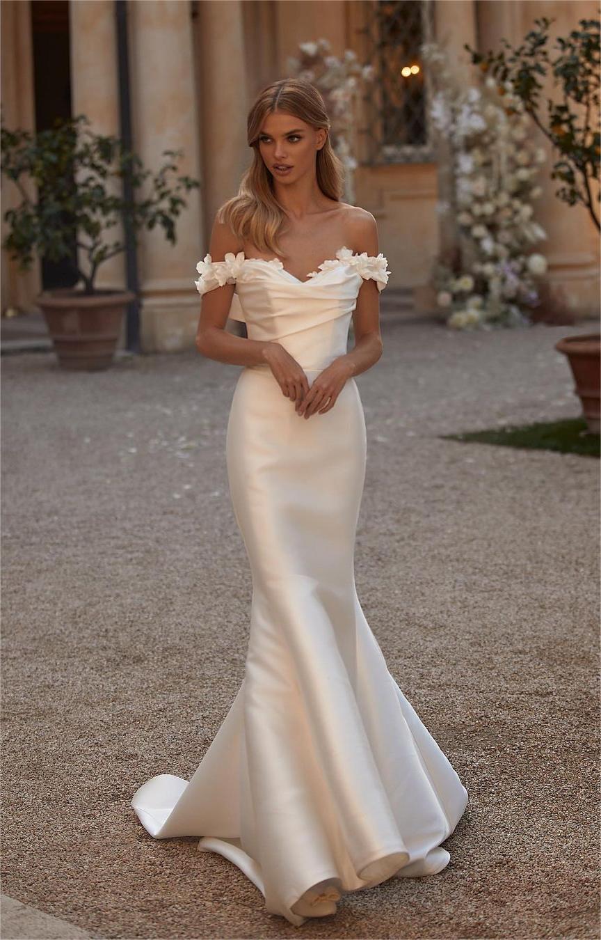 off the shoulder mermaid satin bridal gown