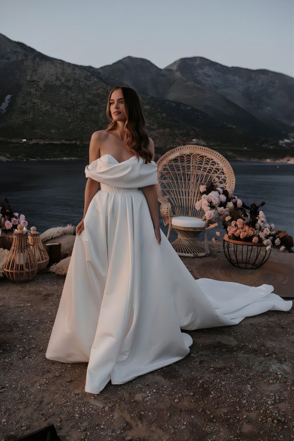 off-the-shoulder satin wedding dress with pocket