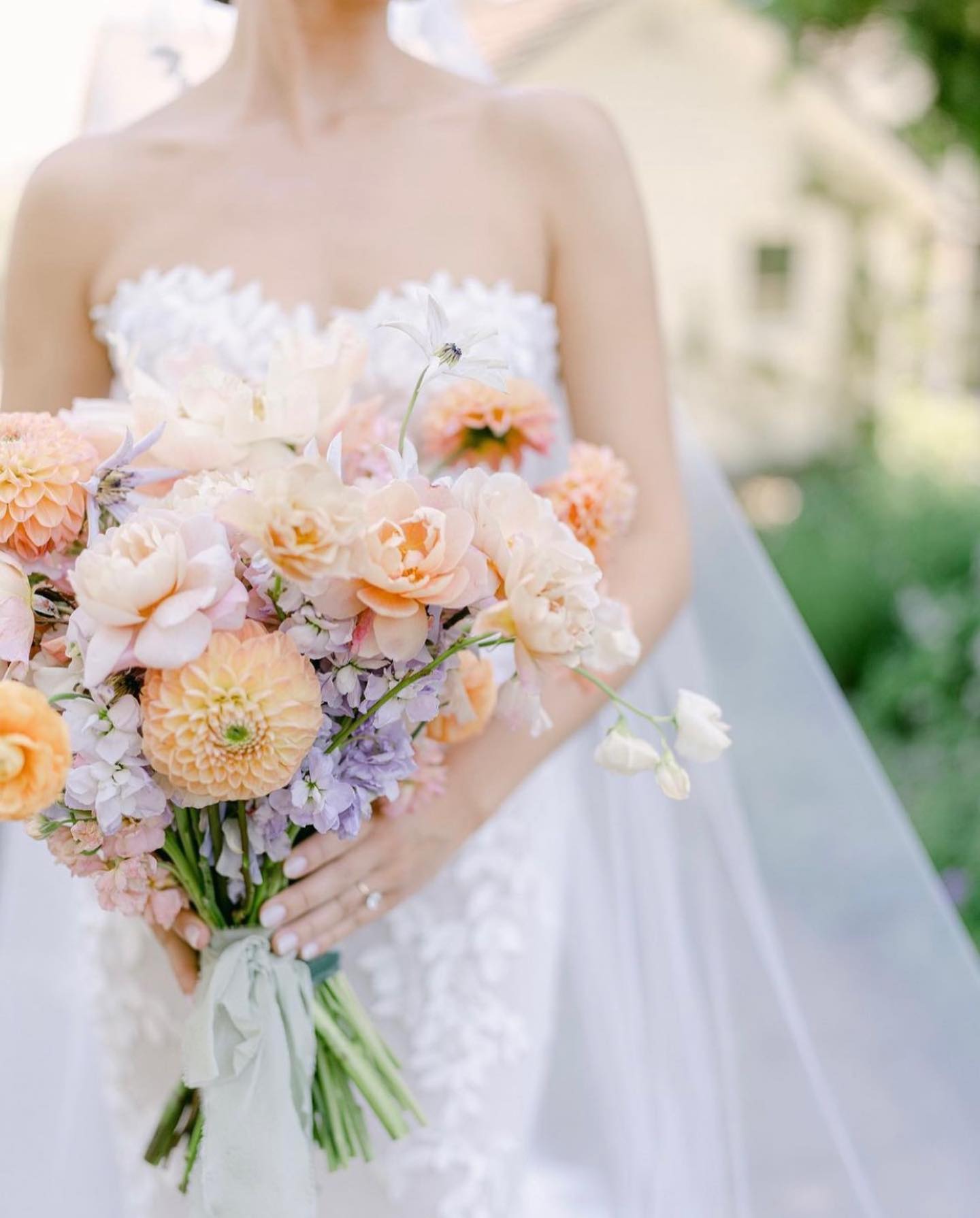 pastel peach and lavender summer beach wedding bouquet