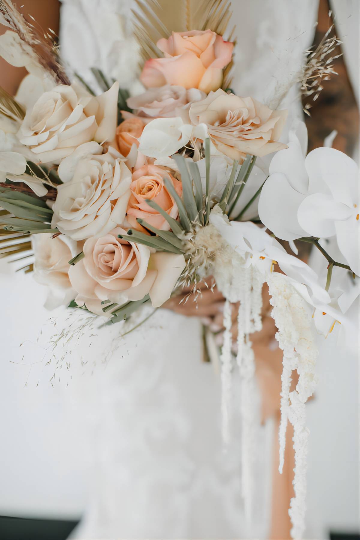 pastel peach roses beach wedding bouquet