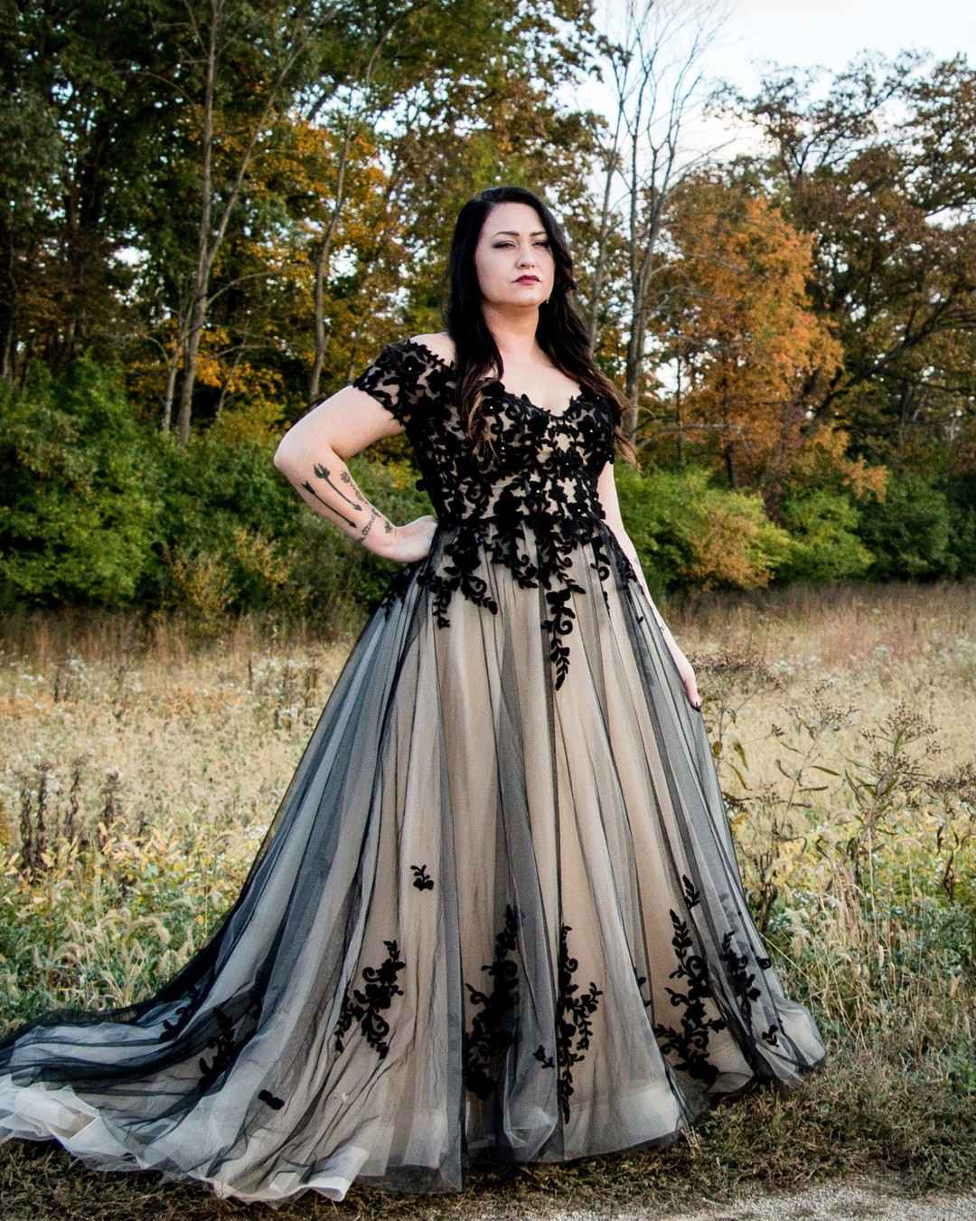 plus size black and champagne gothic lace wedding dress with cap sleeves