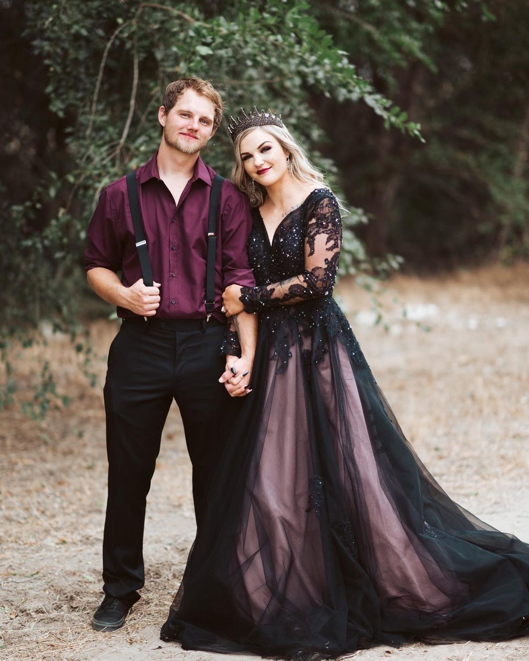 purple and black long sleeve lace bridal dress
