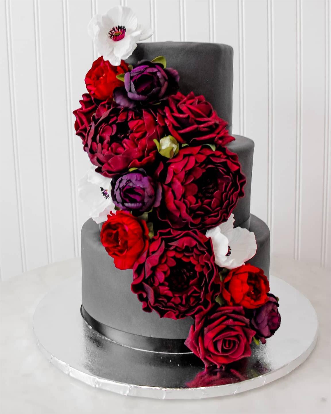 red and black 3 tier wedding cake