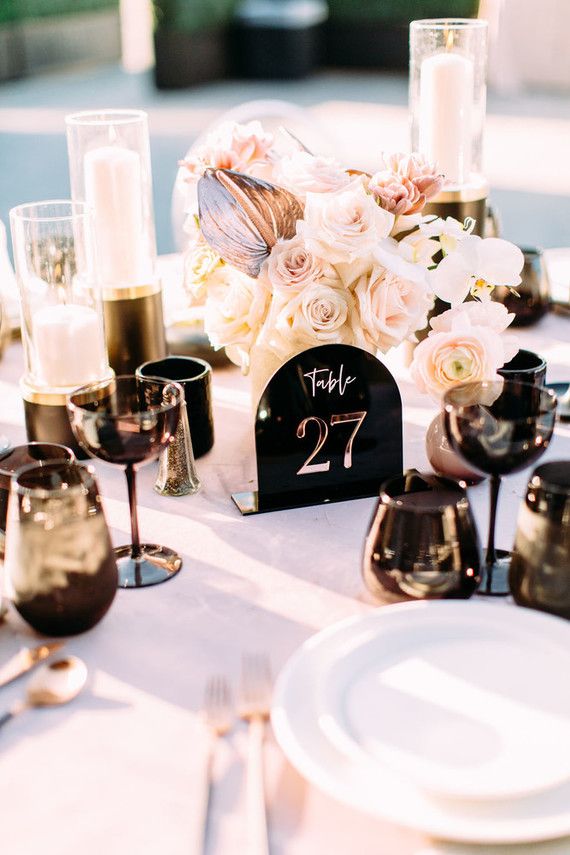 rose gold blush wedding centerpiece with black acrylic table number