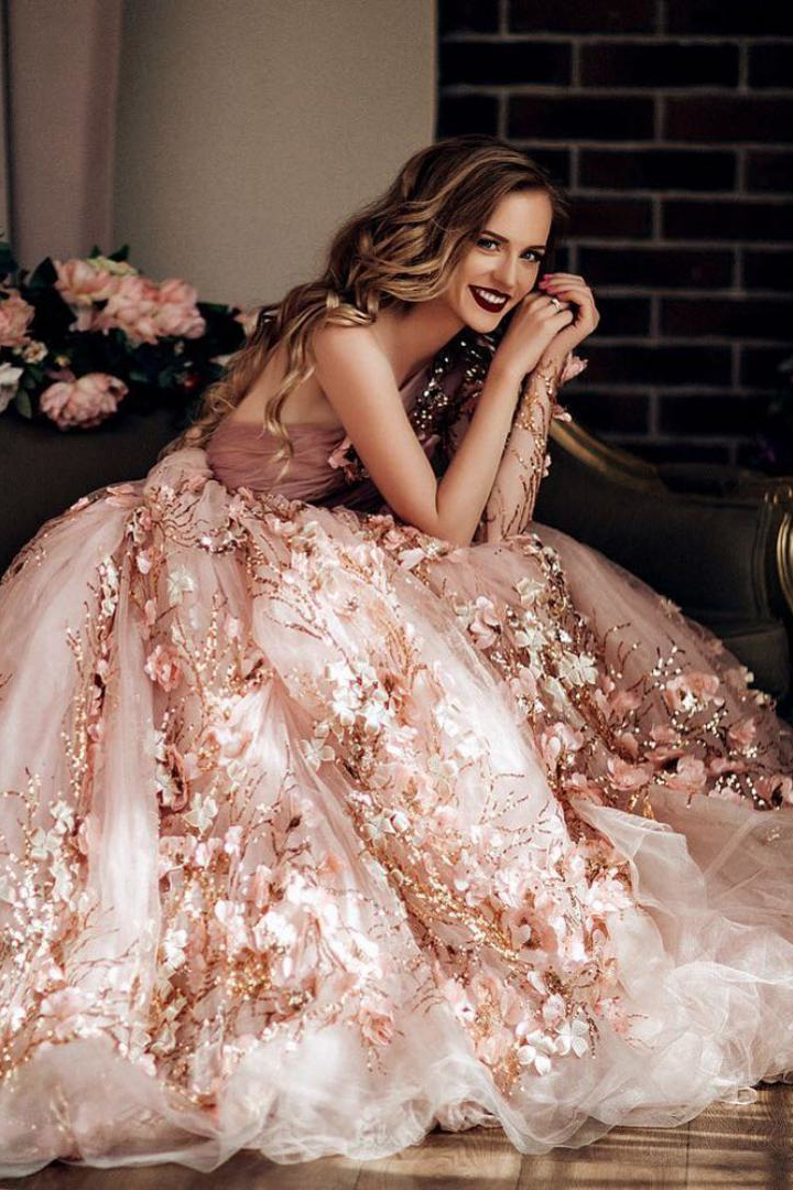 rose gold floral wedding dress