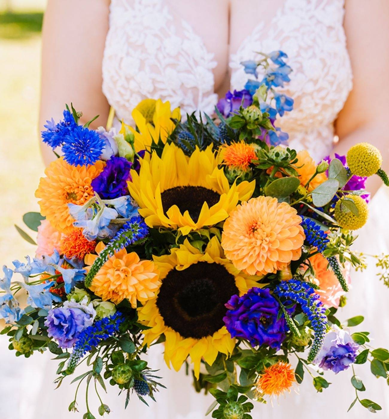 royal blue and sunflowers tropical beach wedding bouquet