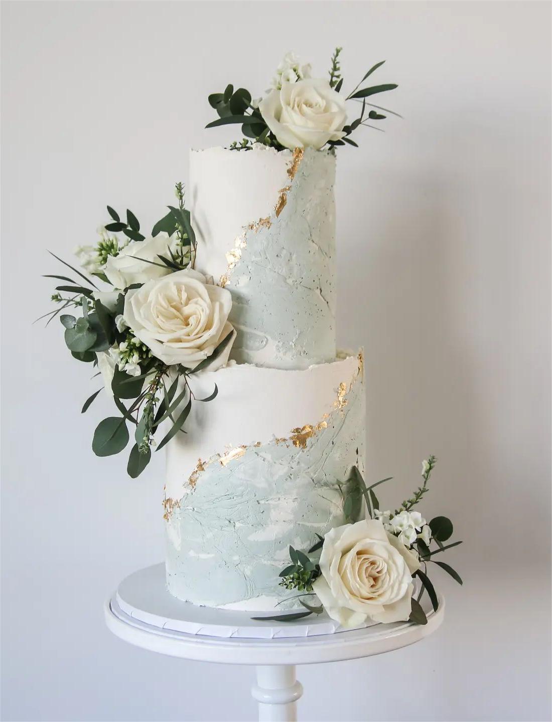 light green marble and gold wedding cake via sallycoopercakeartist
