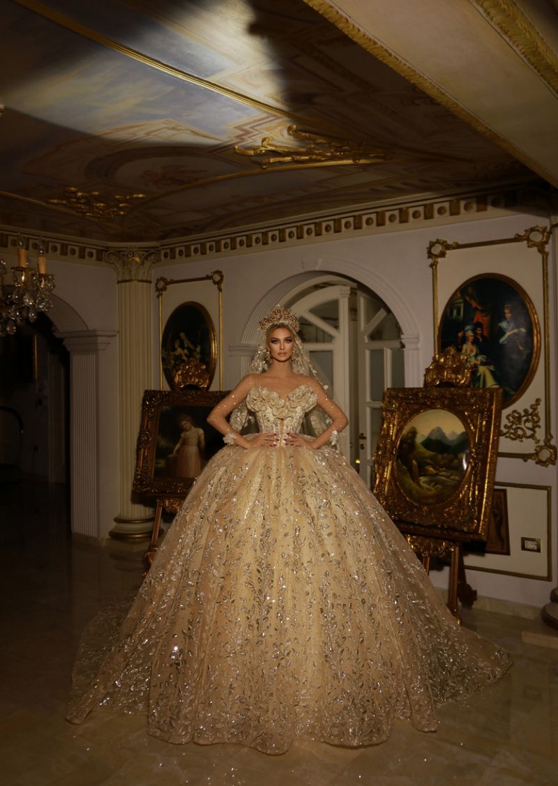 sequined gold beaded ball gown bridal dress