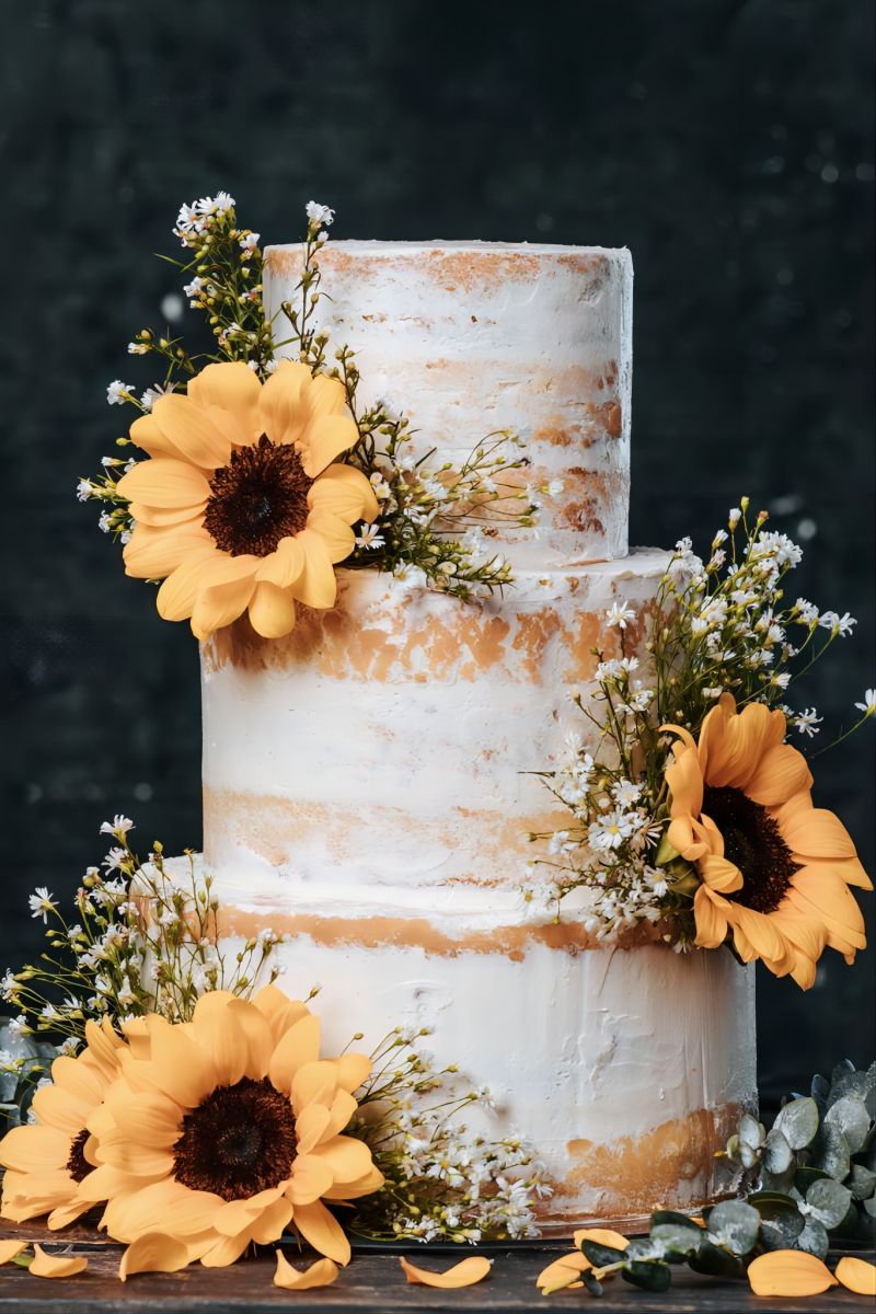 simple naked wedding cake with sunflowers