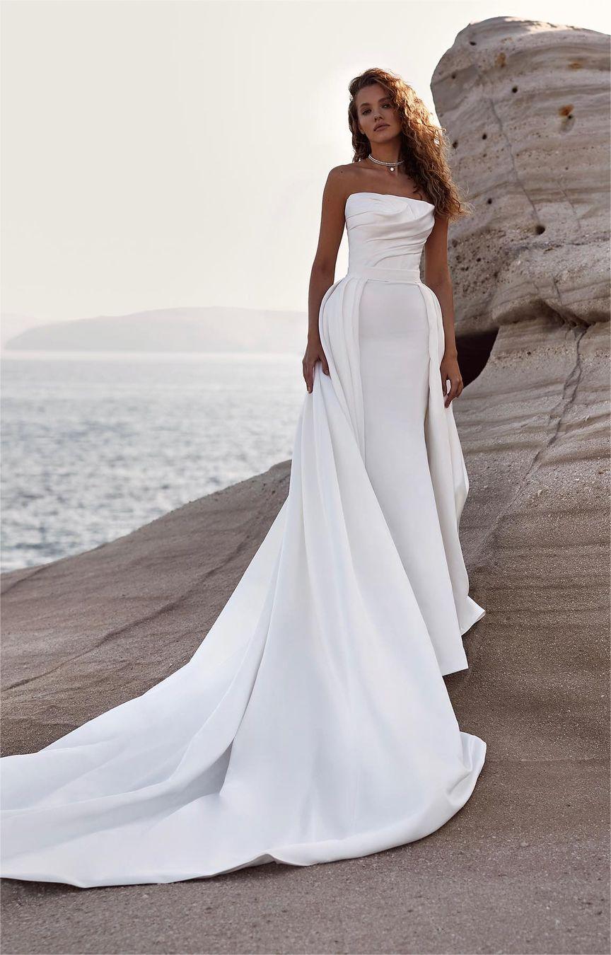 strapless sheath satin bridaldress with detachable skrit millanova