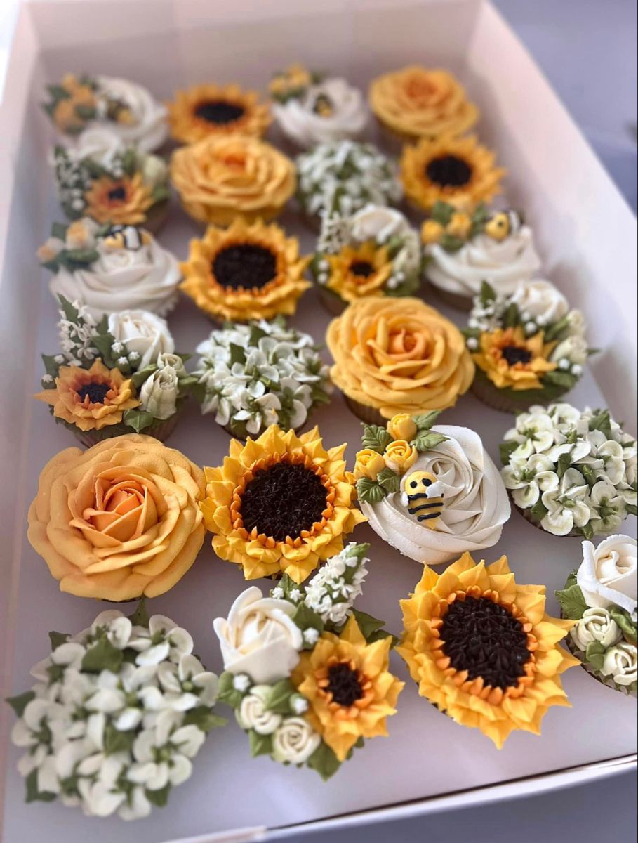 sunflowers and green hydrangea wedding cupcakes