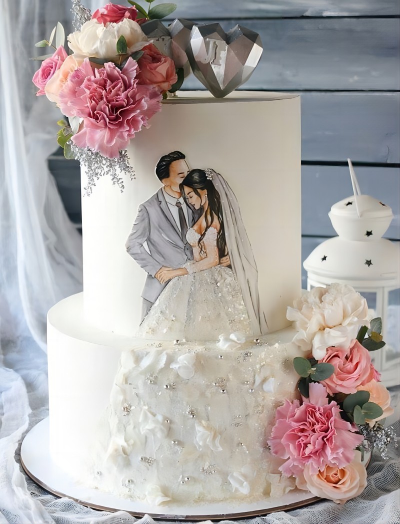 two tier romantic paint couple wedding cake