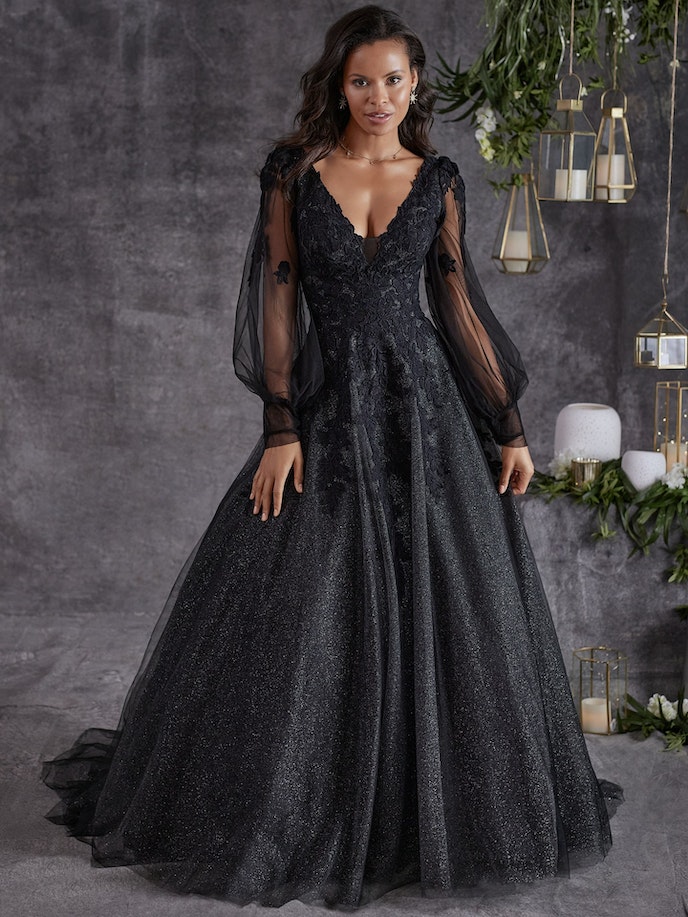 vneck black gothic wedding dress with long puff sleeves