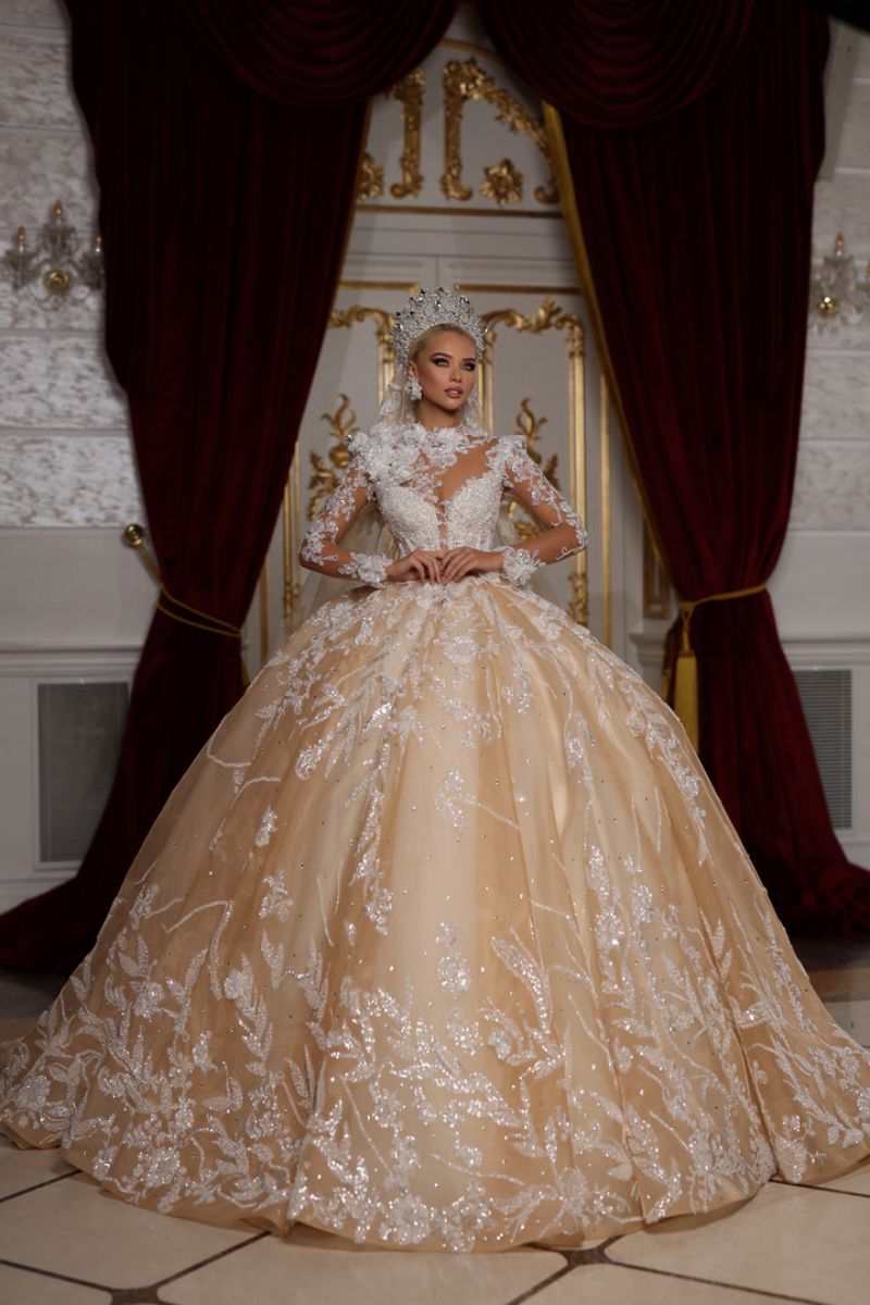 Gold Sequin White Feather Sleeved Pageant Ball Gown - Promfy
