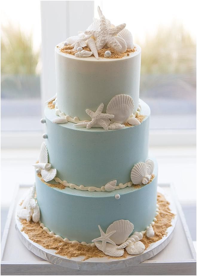 3 tier ombre light blue beach wedding cake with starfish and shell