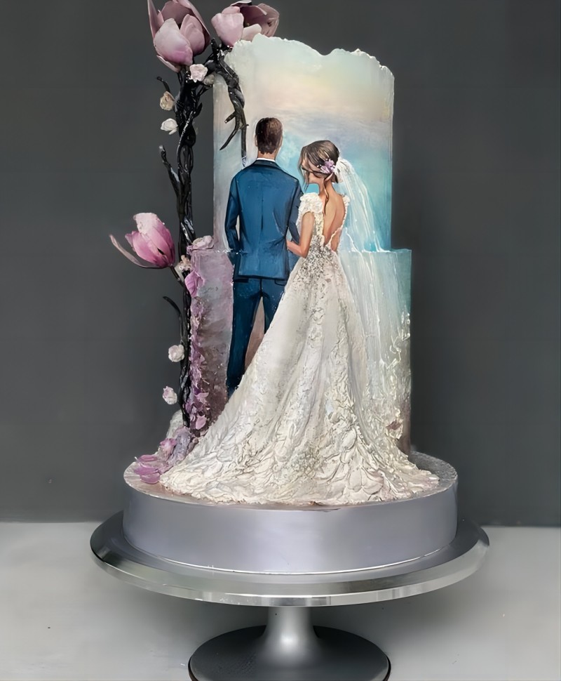 3d bridal dress with blue groom suit paint wedding cake