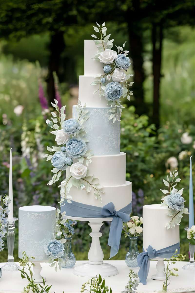 5 Tier Elegant Blue and White Wedding Cake