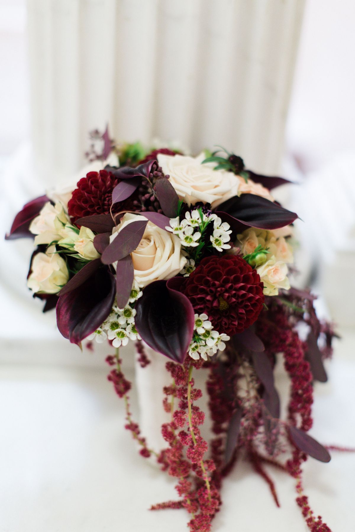 Burgundy Calla Lily, Dahlia and Amaranthus Bridal Bouquet