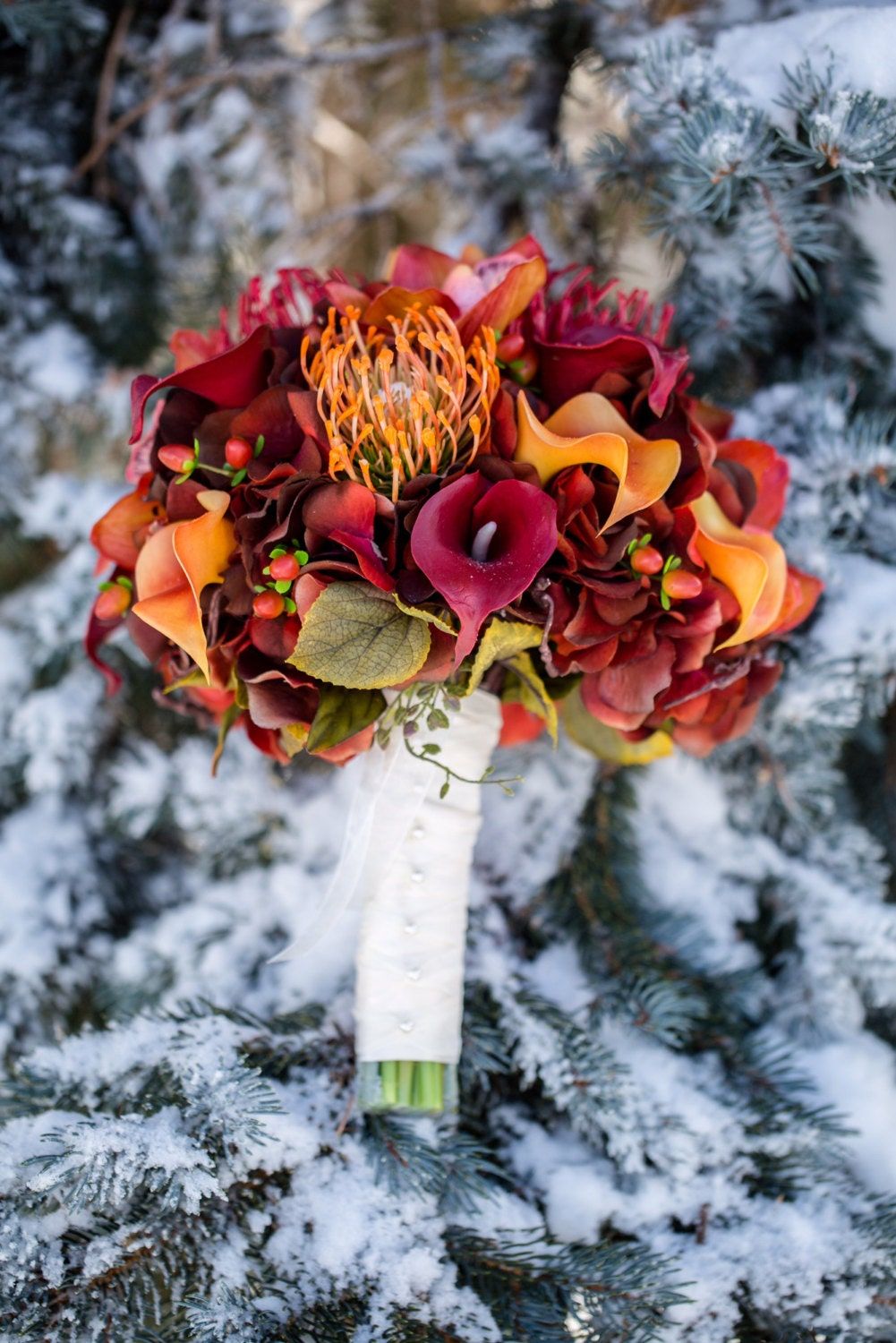 Fall wedding bouquet - Red and orange calla lily bouquet - Silk flowers