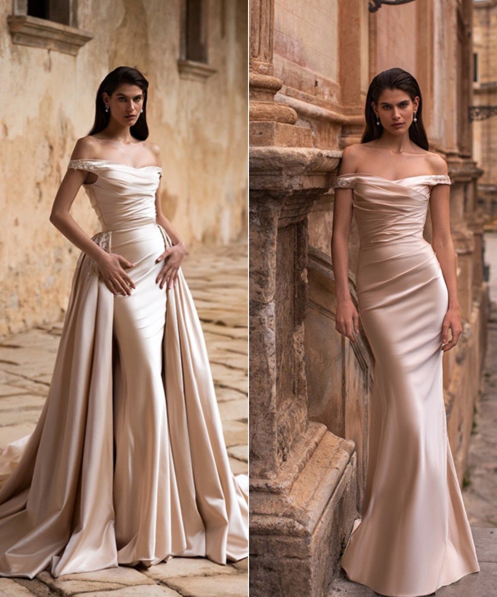 Off The Shoulder Sheath Satin Wedding Gown with Detachable Cathedral-Length Train Overskirt evalendel